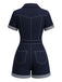 Navy blue romper with gray trim on a white background