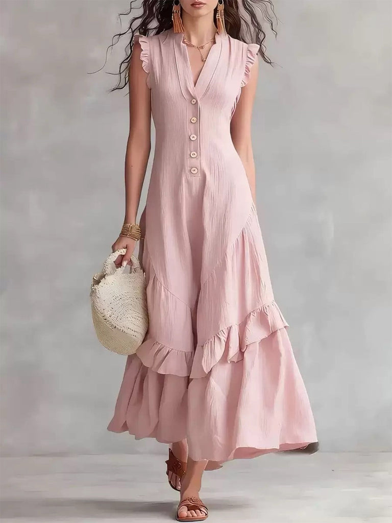 Rose Foncé Robe Évasée Sans Manches en Coton Lin années '50 3