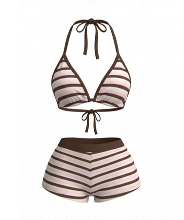 Ensemble Bikini à Lacets Rayé Rose Foncé Années 1980