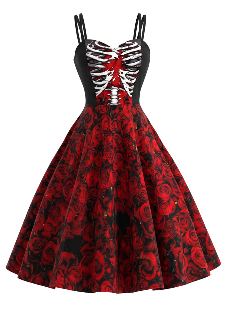 Robe Halloween rouge foncé à fines bretelles, squelettes et roses années 1950 - 1