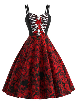 Robe Halloween rouge foncé à fines bretelles, squelettes et roses années 1950 - 1