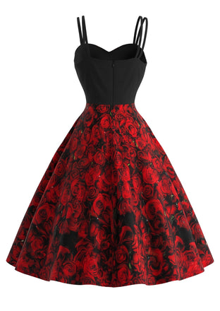Robe Halloween rouge foncé à fines bretelles, squelettes et roses années 1950 - 2