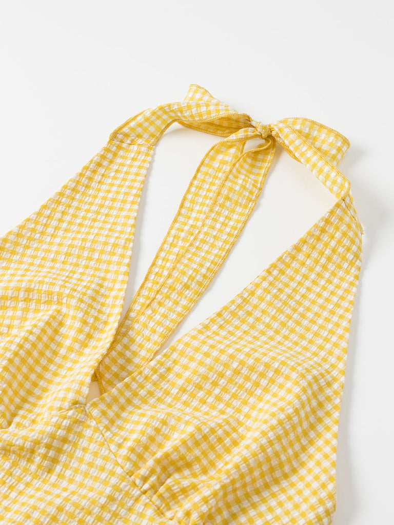 Robe à carreaux jaunes col v dos nu des années 1960
