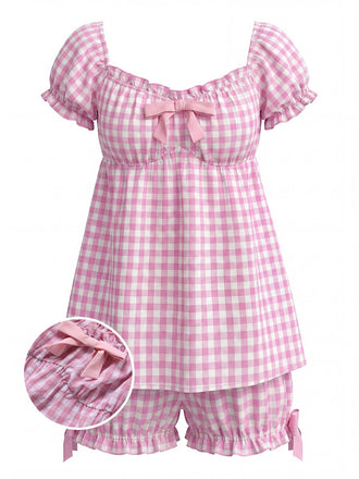 Ensemble Pyjama Vichy à Volants et Nœud Rose Années 1960