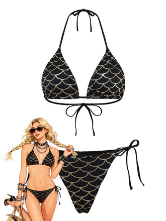 Ensemble bikini écailles sirène dos nu Noire Doré années 1970