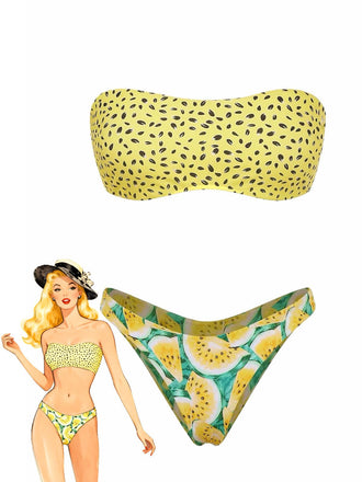 Devant : Ensemble bikini bandeau jaune à imprimé kiwi des années 1970, une beauté intemporelle, parfait pour les passionnées de mode vintage.