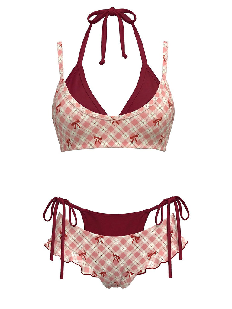 Ensemble bikini double couche à carreaux rouges rétro Stage, dos nu, orné de nœuds pour un style maillot de bain d'inspiration vintage