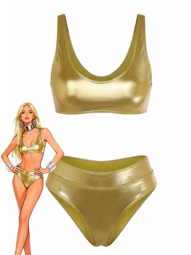 Un ensemble bikini deux pièces doré métallisé, composé d'un haut à col rond et d'un bas taille haute, illustré d'un personnage.