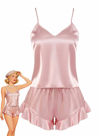 Ensemble pyjama en satin rose à volants années 1960