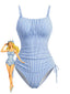 Ensemble tankini fines rayures bleues cordon serrage froncé années 1950