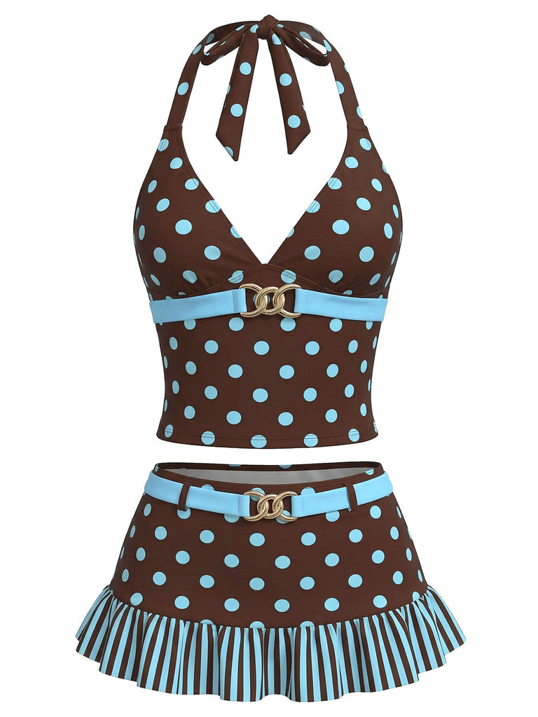 Ensemble tankini marron foncé à pois années 50