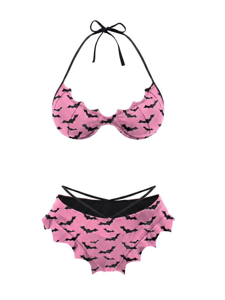 Ensemble Bikini Gothique Ailes de Chauve-Souris Rose années 80