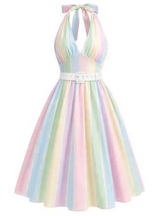 [Prévente] Robe dos nu rayée arc-en-ciel avec ceinture années 1950