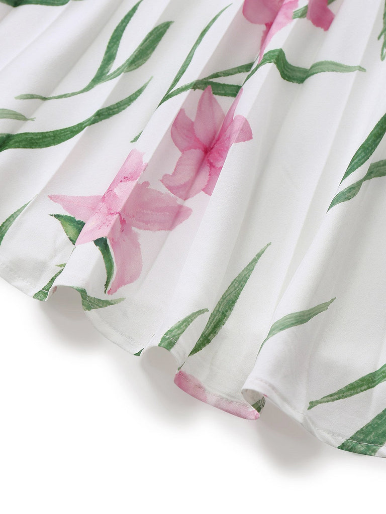 Robe longue blanche sans manches à col rond et imprimé floral années 1930