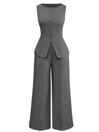 2PCS Gilet et pantalon large style bureau uni des années 1940
