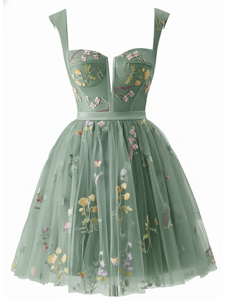 Robe courte verte dentelle florale brodée années 1970