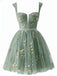Robe courte verte dentelle florale brodée années 1970