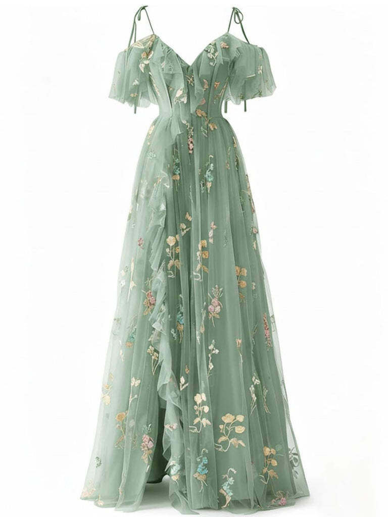 Robe fendue en tulle brodé de fleurs années 1970