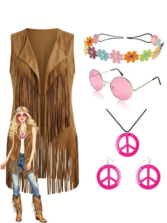 Faux Daim Pompon Disco Gilet Set Années 1970