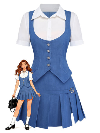 Robe bleue avec gilet et chemise blanche sur fond blanc