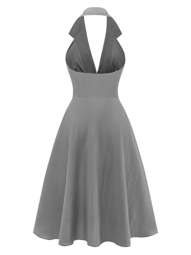 Gray halter V-neck dress back view revealing stylish halter tie design for summer occasions