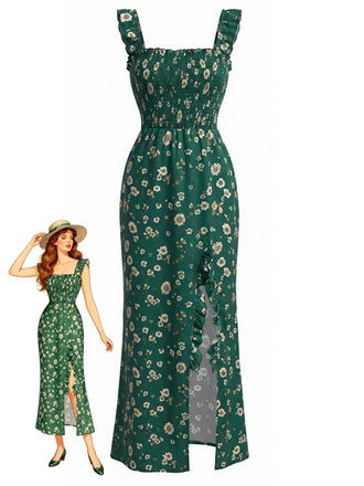 Robe Smockée Col Carré Fendue à Petites Fleurs Vert Années 30