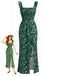 Robe Smockée Col Carré Fendue à Petites Fleurs Vert Années 30