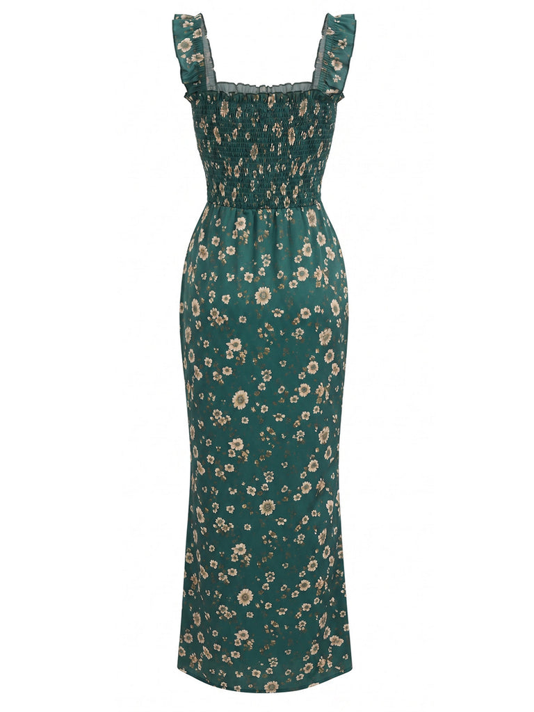 Robe Smockée Col Carré Fendue à Petites Fleurs Vert Années 30
