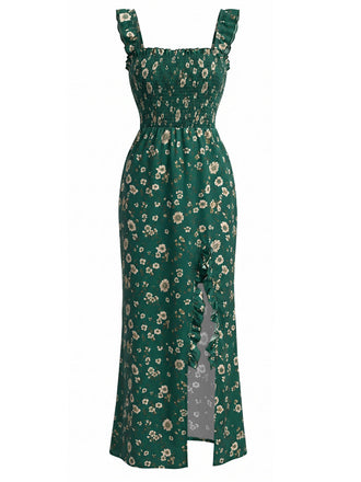 Robe Smockée Col Carré Fendue à Petites Fleurs Vert Années 30