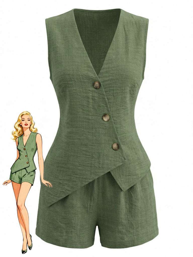 Col V à Lacets Gilet & Short Set Années 1940