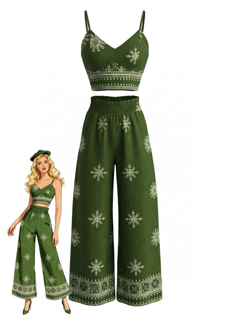 Ensemble 2 Pièces Haut à Bretelles Fines Floral & Pantalon Vert Années 1970