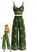 Ensemble 2 Pièces Haut à Bretelles Fines Floral & Pantalon Vert Années 1970