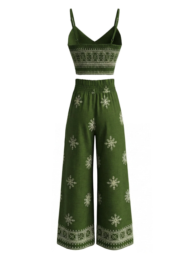 Ensemble 2 Pièces Haut à Bretelles Fines Floral & Pantalon Vert Années 1970 5