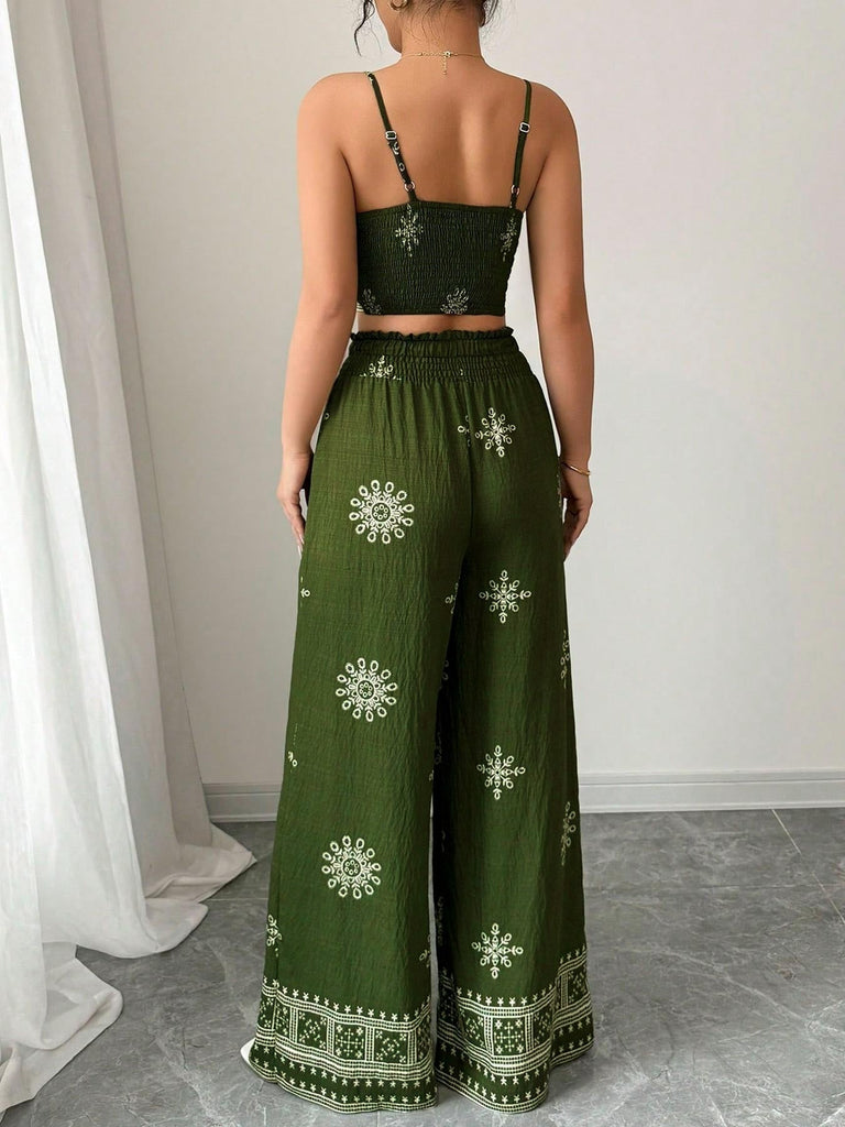 Ensemble 2 Pièces Haut à Bretelles Fines Floral & Pantalon Vert Années 1970 6