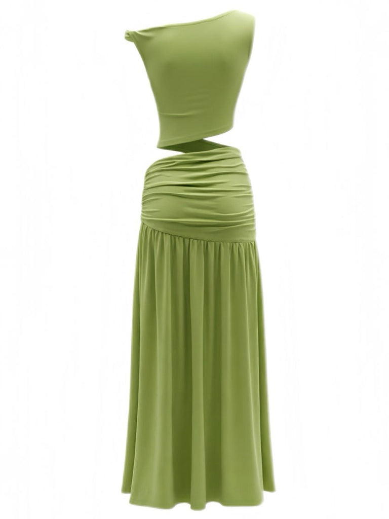 Green 2PCS 1930s Off-Shoulder Top & Slit Ruched Maxi Skirt-back-view