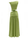 Green 2PCS 1930s Off-Shoulder Top & Slit Ruched Maxi Skirt-back-view