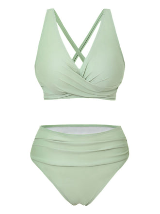 Vintage wrap bikini with crisscross top and high waist bottoms in 1950s retro style