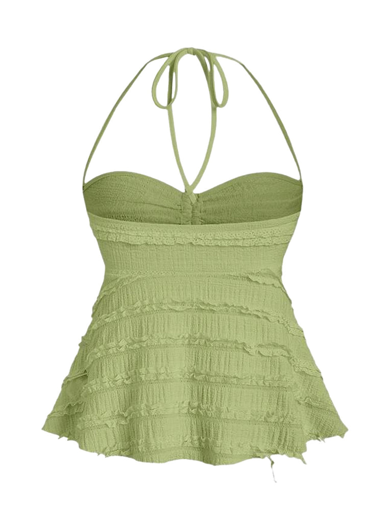 Y2K Uni Texturé Halter Froncé Babydoll Haut 4
