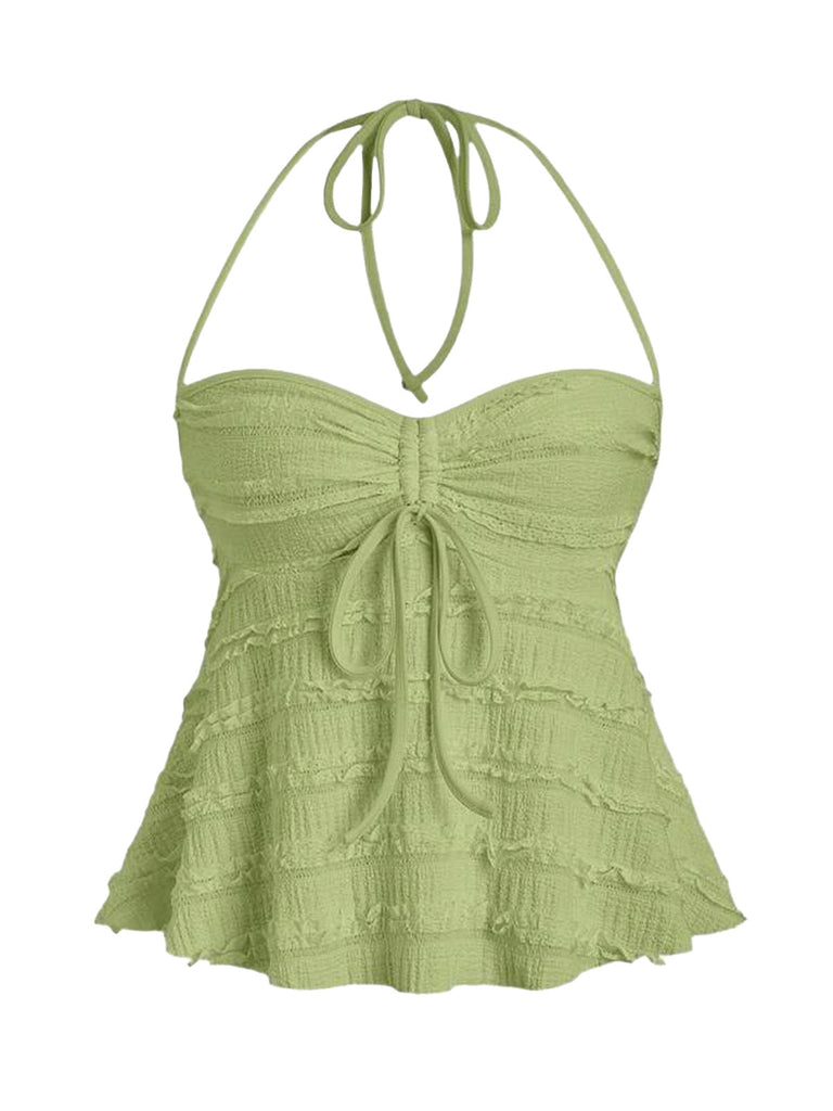 Y2K Uni Texturé Halter Froncé Babydoll Haut 3