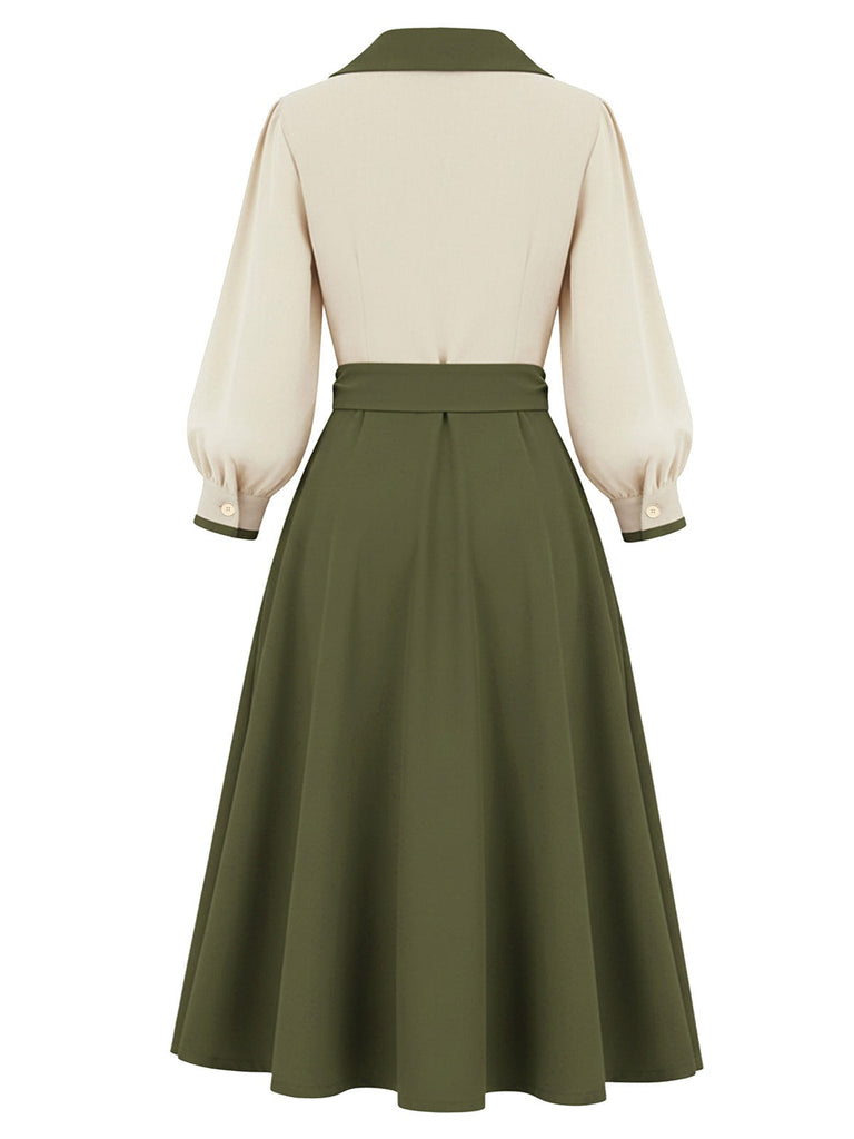 Green and beige dress with a belt on a white background