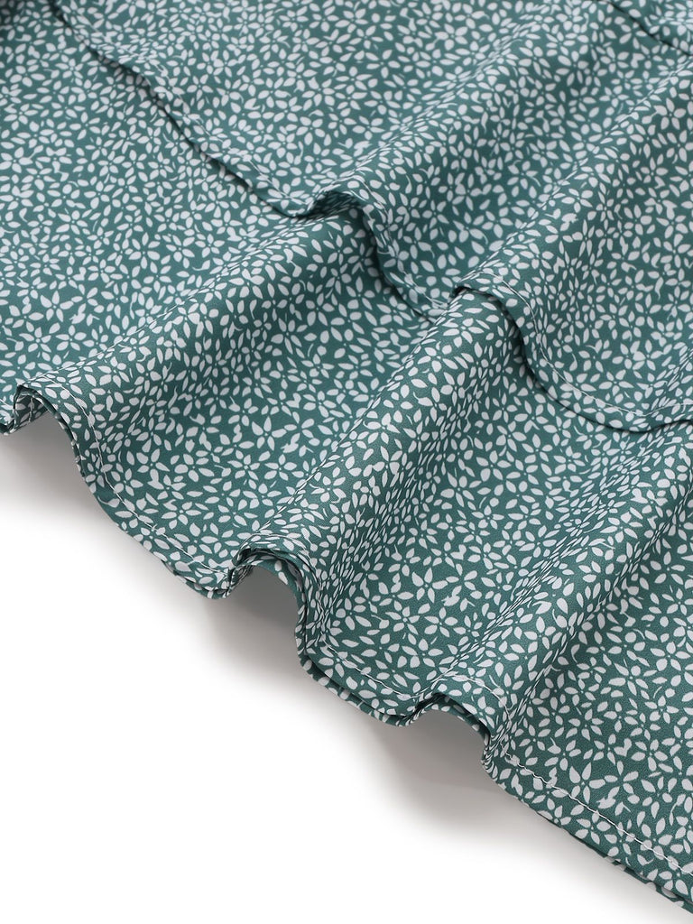 Robe midi sans manches à fleurs vertes à nouer sur le devant années 1970