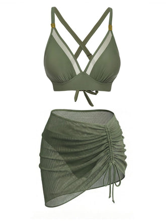 Front: 3PCS 1950s Solid Metal Button Bikini Set, elegant vintage style, perfect for vintage fashion lovers