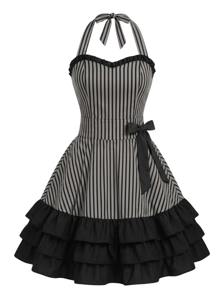 [Prévente] Dos-Nu Rayée à Volants Évasée Robe Grise Années 1950