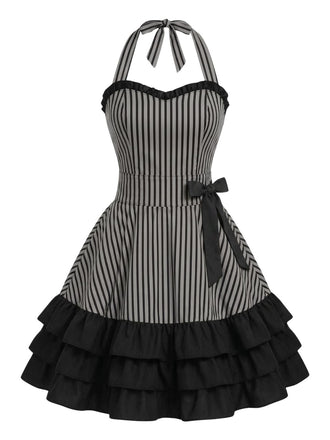 [Prévente] Dos-Nu Rayée à Volants Évasée Robe Grise Années 1950
