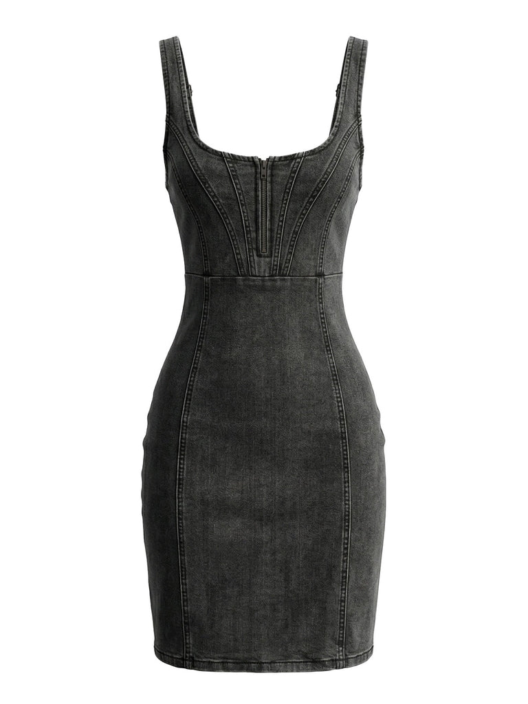 Robe à Bretelles Fines Col U en Denim Grise Années 1960