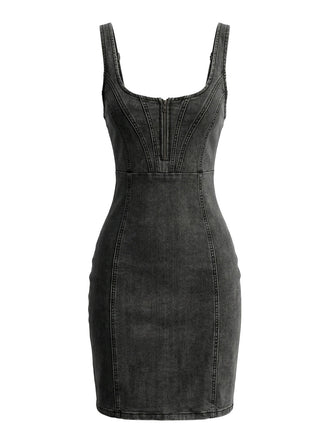 Robe à Bretelles Fines Col U en Denim Grise Années 1960