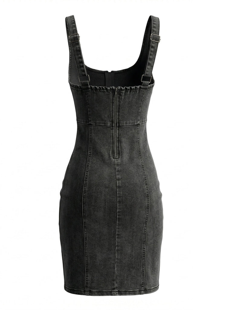 Robe à Bretelles Fines Col U en Denim Grise Années 1960