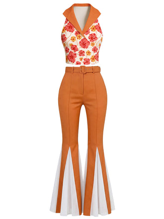 Haut orange fleuri et pantalon évasé 1970s
