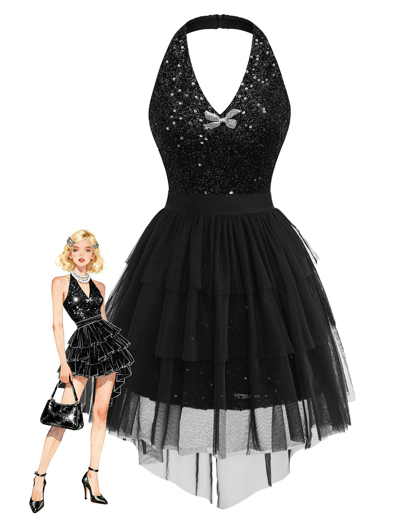 [Prévente] 2PCS robe dos nu à paillettes noires et jupe en maille des années 60
