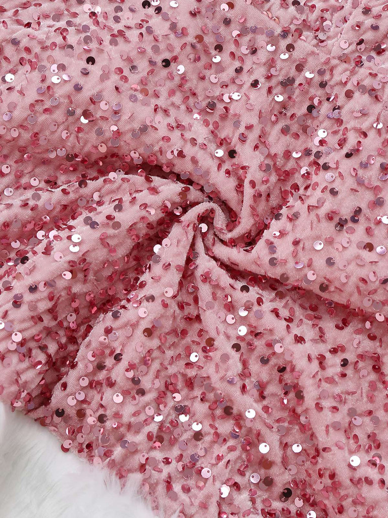 Robe bustier rose à paillettes et fourrure des années 60
